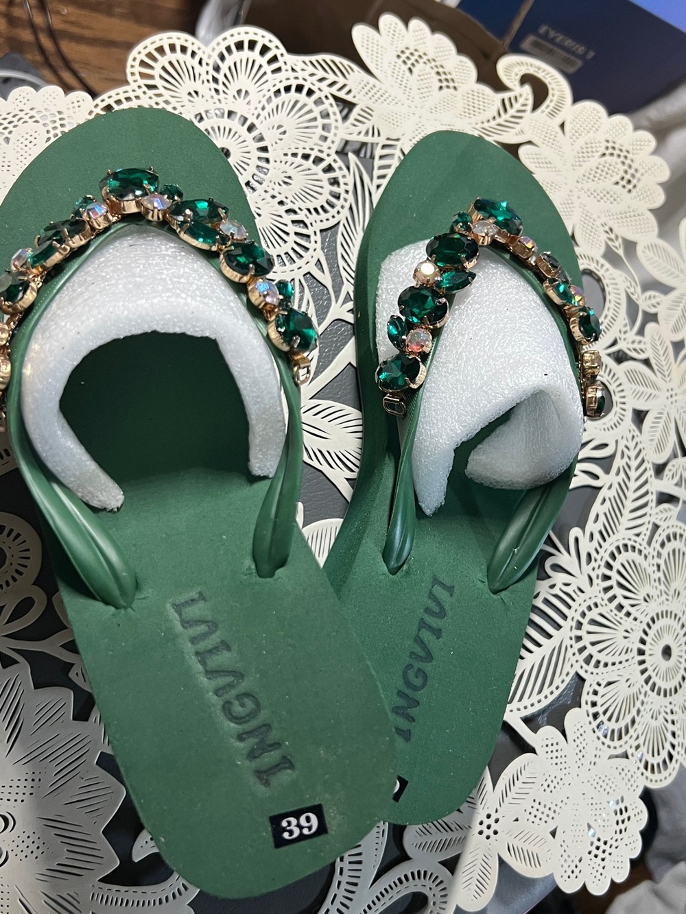 Emerald Green Jeweled Women’s Flip Flops